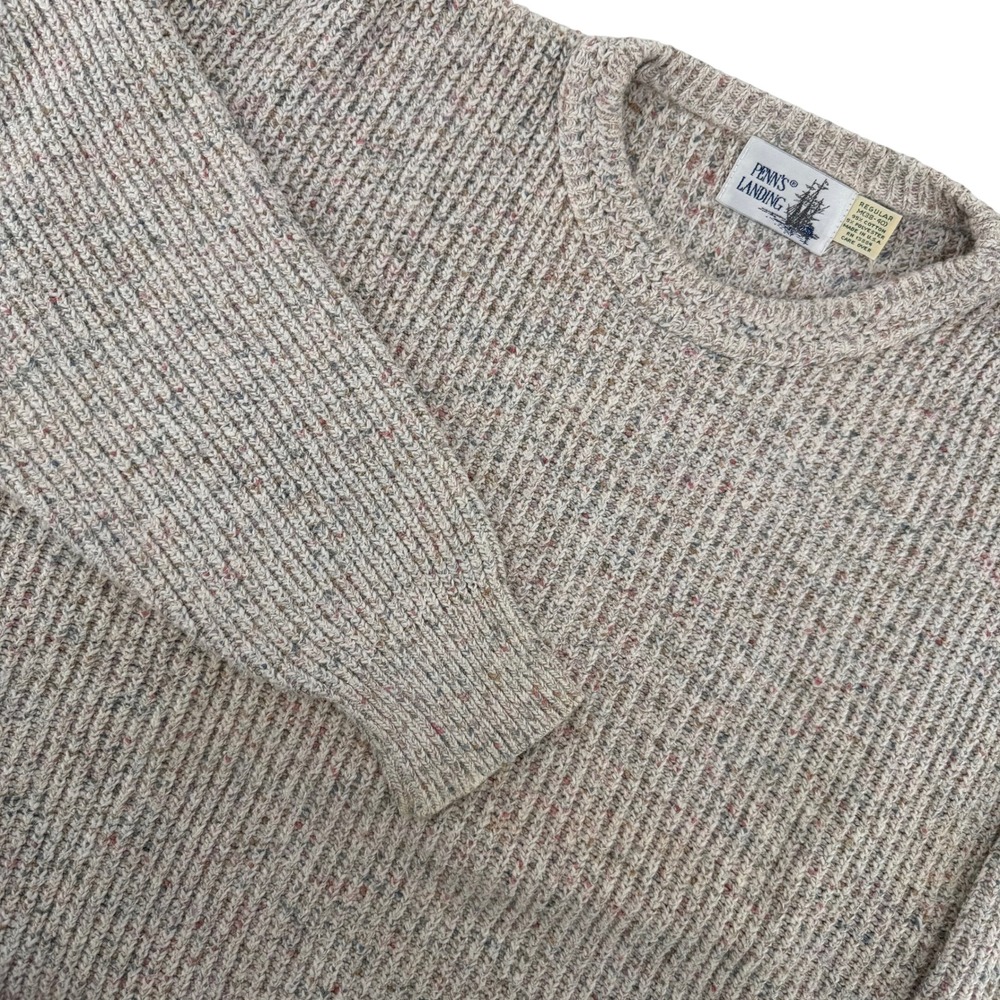 Vintage Penn's Landing Crewneck Sweater Mens M Oatmeal Speckled Ribbed Knit USA‎
